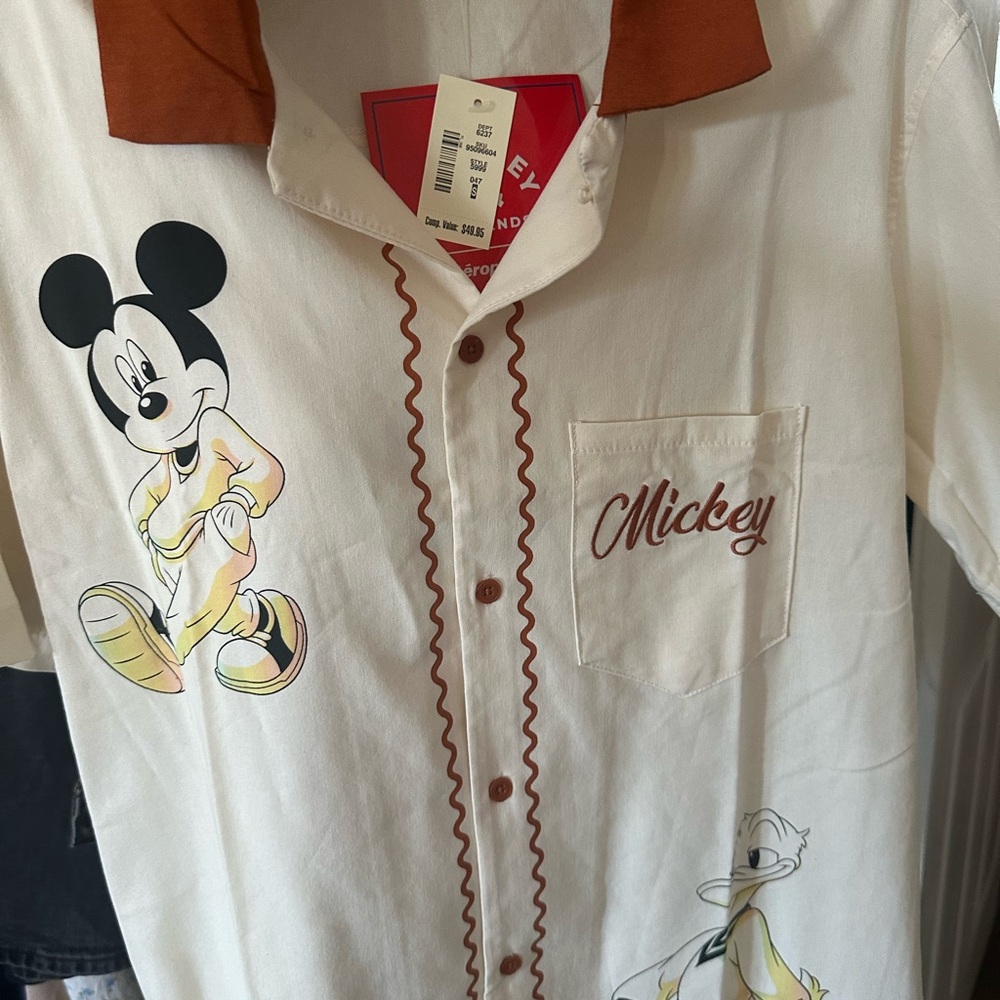 Disney Men's Shirt - White and Brown with Mickey Mouse